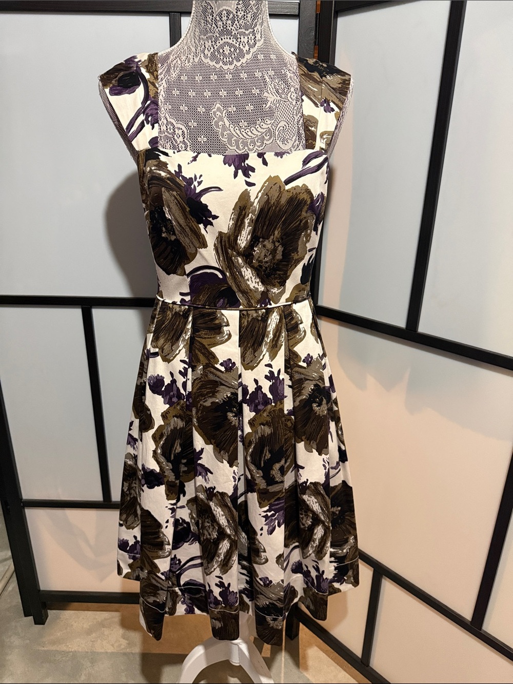 Maggy London Ivory Midi Dress with Olive & Purple Floral Accents